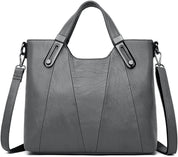 Borsa a tracolla in pelle grigia elegante, design moderno, manici robusti, tracolla regolabile, ideale per donna, moda accessori.