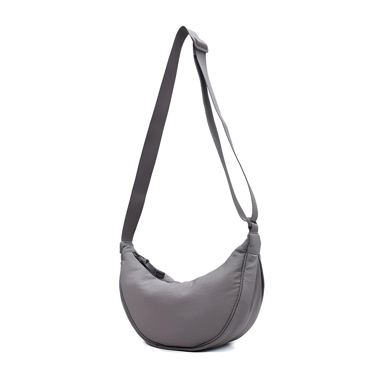 Borsa a tracolla grigia in nylon, design moderno e minimalista, ideale per uso quotidiano. Accessorio moda donna, pratico e leggero.