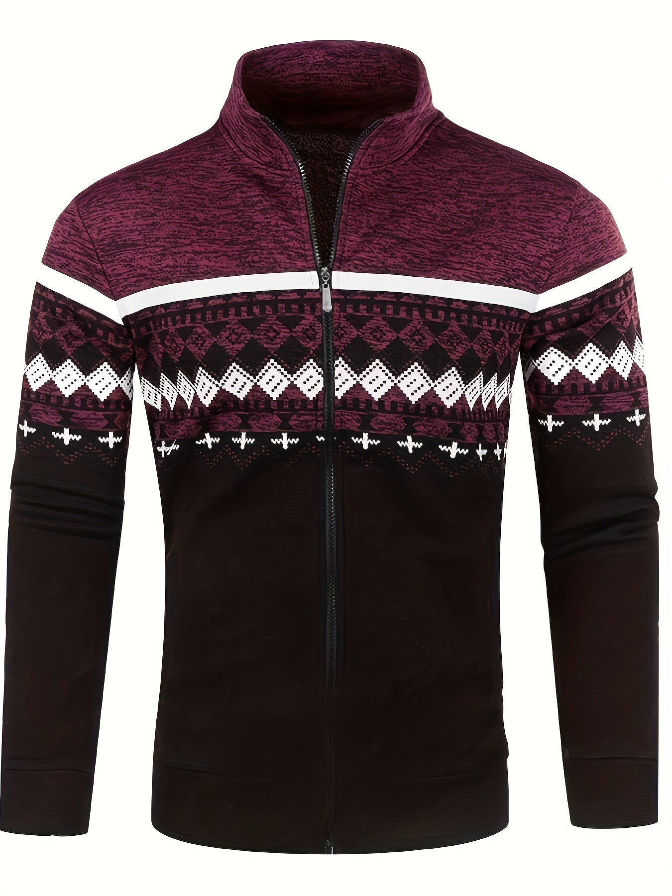 Giacca uomo invernale con zip, motivo geometrico bordeaux e nero, collo alto, stile casual, ideale per moda autunno-inverno.