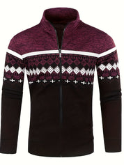 Giacca uomo invernale con zip, motivo geometrico bordeaux e nero, collo alto, stile casual, ideale per moda autunno-inverno.