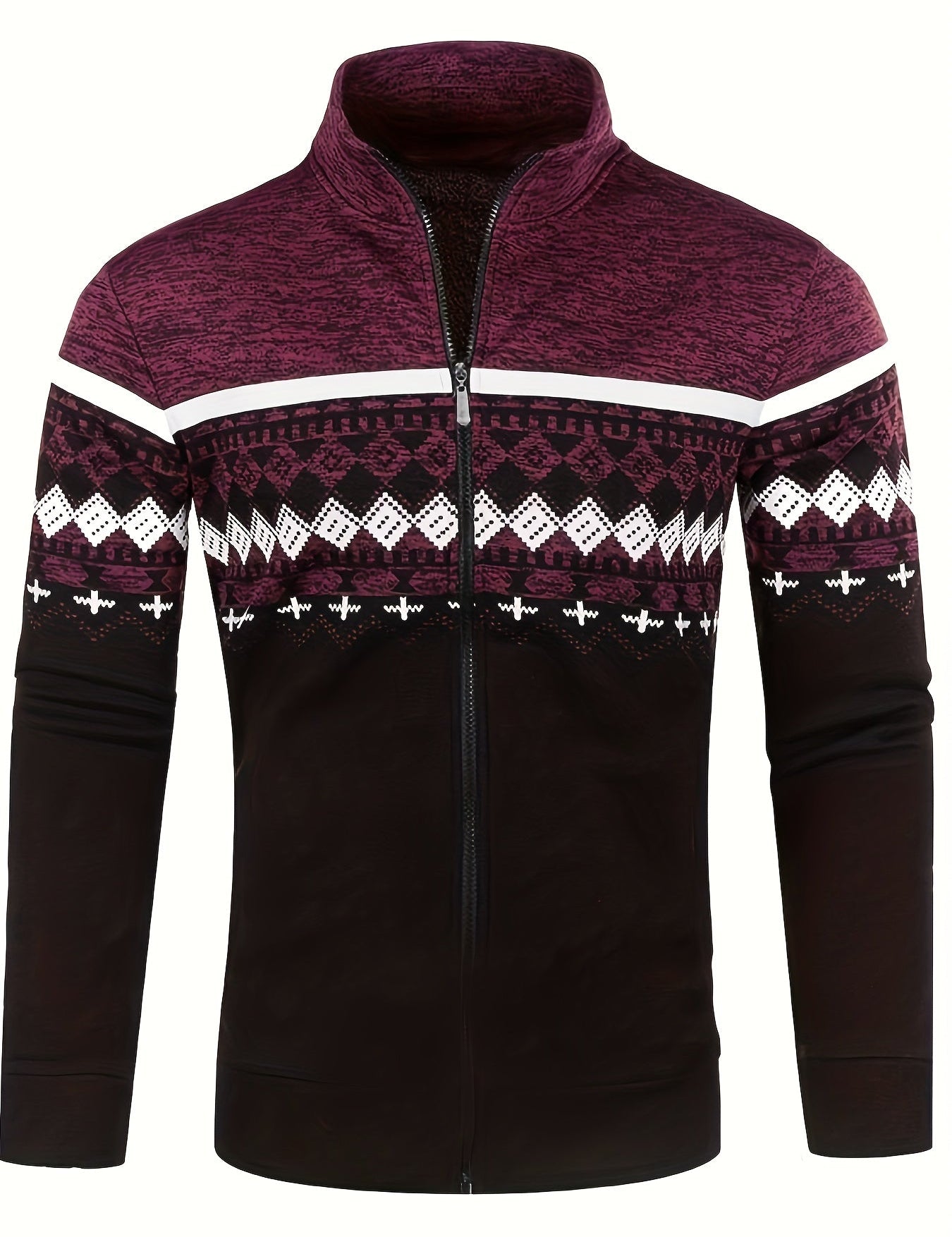 Giacca uomo invernale con zip, motivo geometrico etnico, colori bordeaux e nero, collo alto, maniche lunghe, ideale per moda casual e calda.