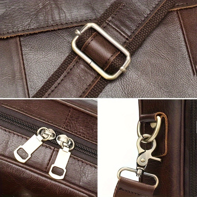 Borsa a tracolla in pelle marrone con fibbia metallica, cerniere doppie e gancio. Design elegante e resistente, ideale per lavoro e viaggio.