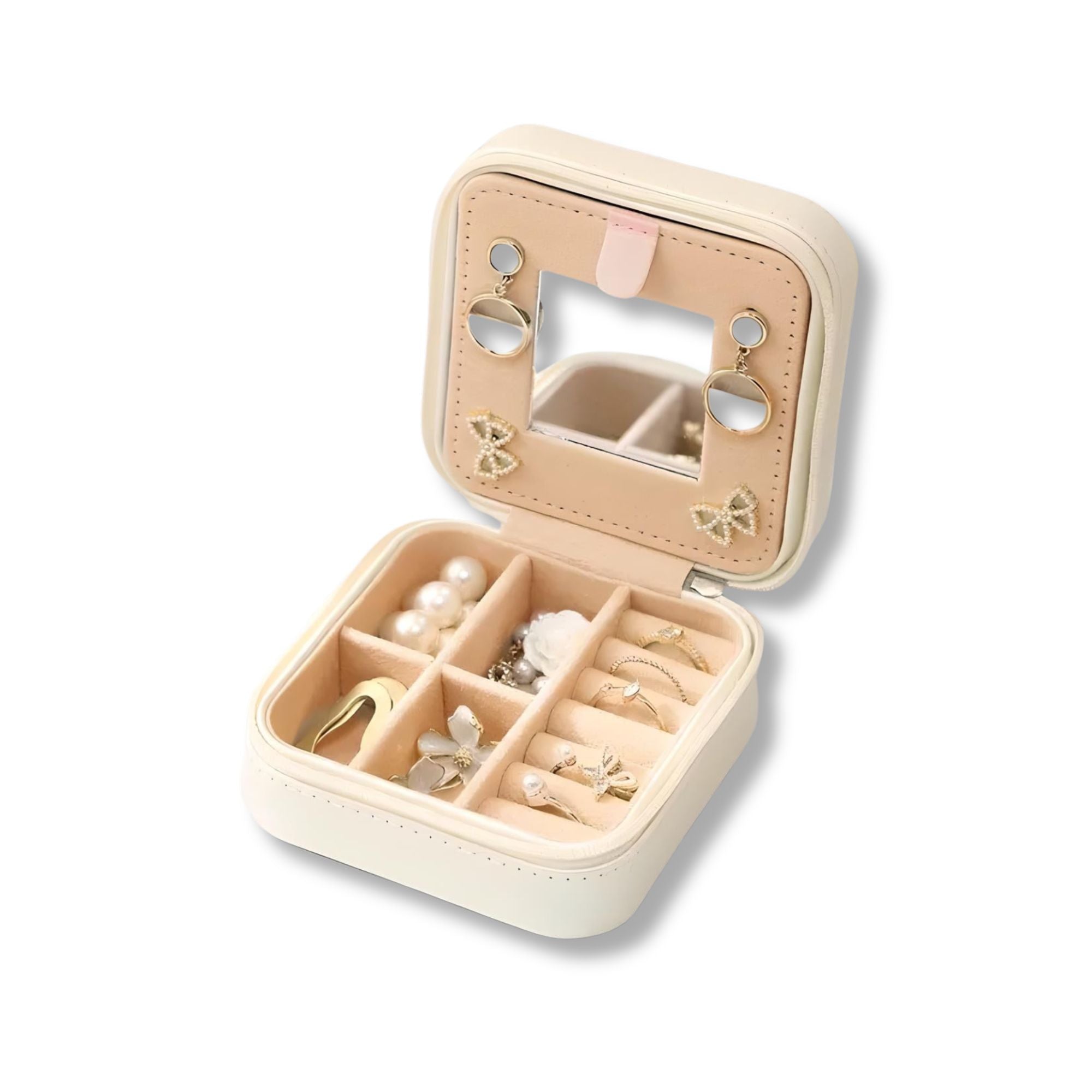 Scatola portagioie da viaggio in pelle beige con specchio, scomparti per anelli, orecchini e collane. Organizzatore compatto per gioielli.