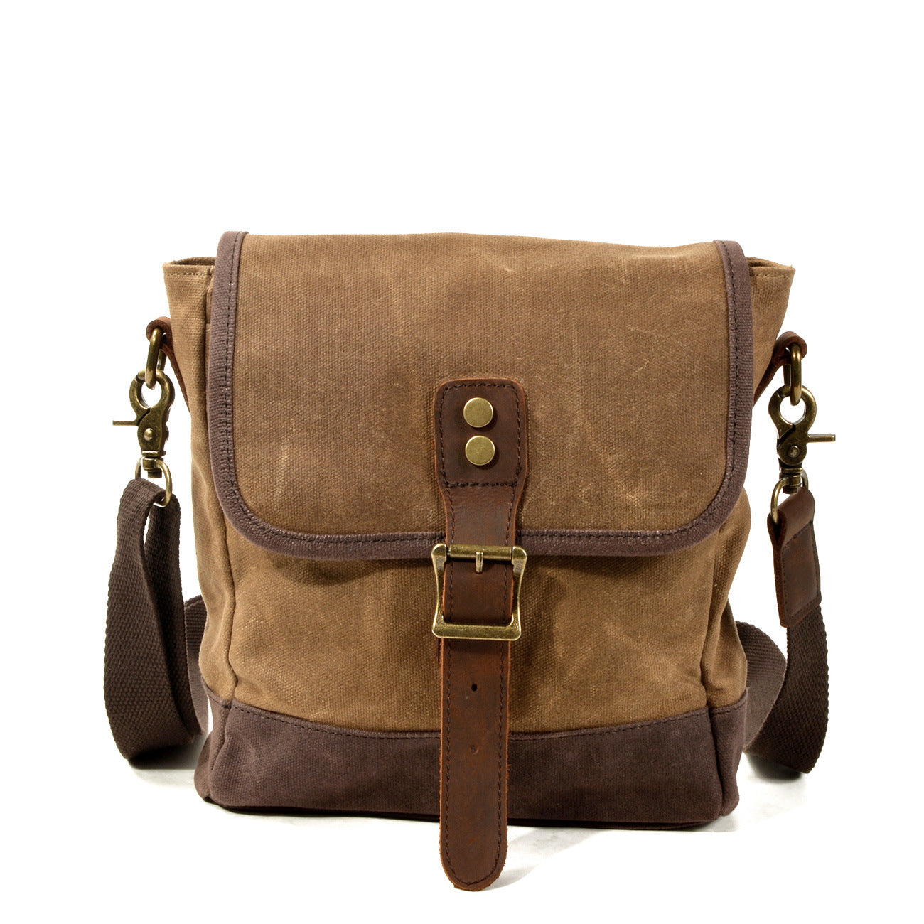 Borsa a tracolla in tela cerata marrone con dettagli in pelle, chiusura a fibbia, tasche multiple, ideale per uomo e donna, stile vintage casual.