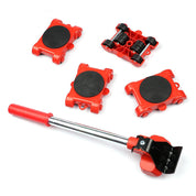 Set di sollevamento mobili rosso con leva e rulli, ideale per spostare facilmente mobili pesanti. Strumento pratico per traslochi e riorganizzazione casa.