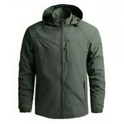 Giacca impermeabile verde con cappuccio, tasca frontale con zip, design sportivo, ideale per outdoor e trekking. Materiale resistente e traspirante.