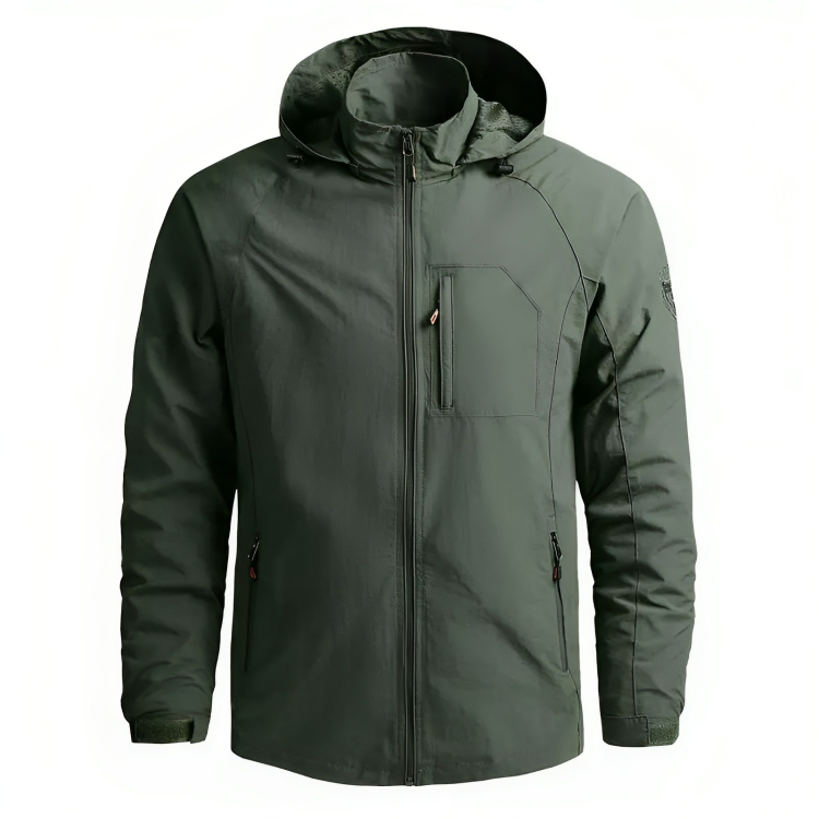 Giacca impermeabile verde con cappuccio, tasca frontale con zip, design sportivo, ideale per outdoor e trekking. Materiale resistente e traspirante.