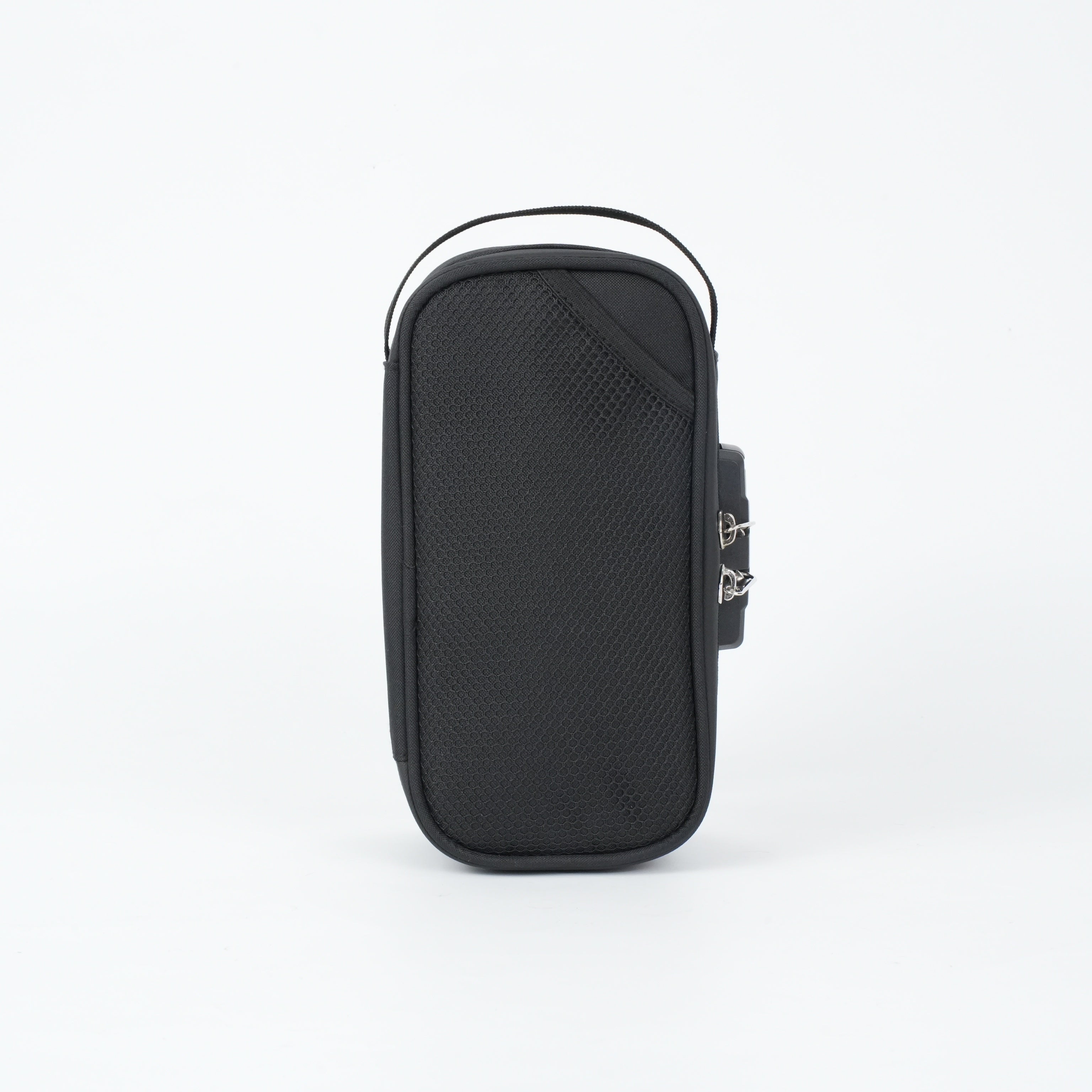 Custodia nera per fotocamera, design compatto e resistente, con cerniera e manico superiore. Ideale per protezione e trasporto sicuro.