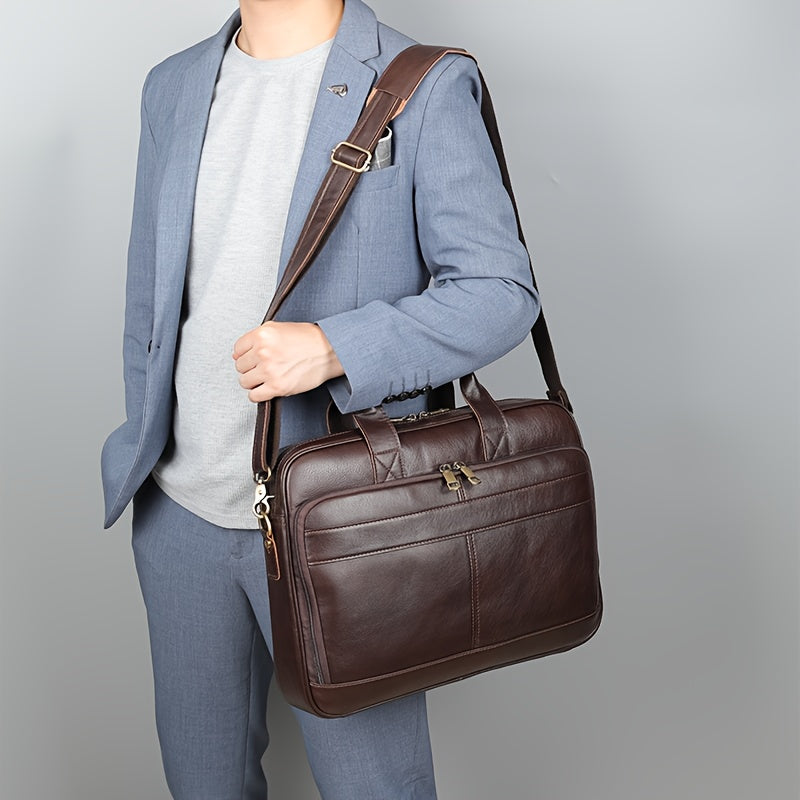 Uomo in abito blu con borsa a tracolla in pelle marrone, elegante e professionale, ideale per lavoro e ufficio. Accessorio moda maschile.