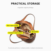 Borsa in pelle marrone con tasche multiple, design pratico, tasca principale con cerniera, tasca intermedia con cerniera, tasca a fessura.