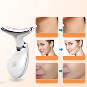 Dispositivo massaggio viso e collo, anti-invecchiamento, riduzione rughe, rassodante pelle, tecnologia LED, cura bellezza, risultati visibili.