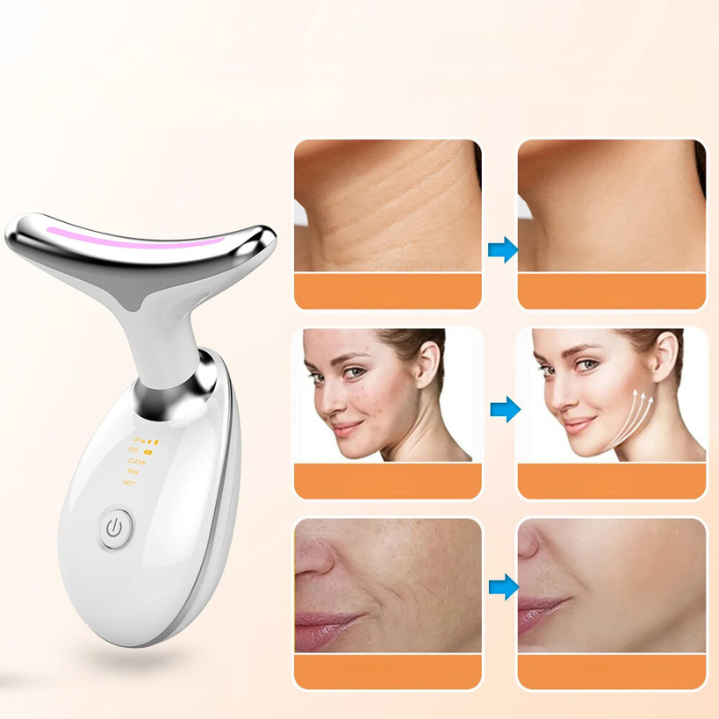 Dispositivo massaggio viso e collo, anti-invecchiamento, riduzione rughe, rassodante pelle, tecnologia LED, cura bellezza, risultati visibili.