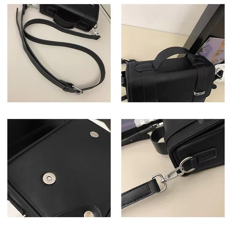 Borsa a tracolla nera in pelle, design elegante, chiusura magnetica, dettagli in metallo argentato, ideale per moda donna, accessori di lusso.
