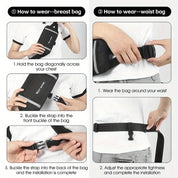 Immagine guida su come indossare una borsa a petto e a vita, con istruzioni passo-passo. Accessorio moda unisex, pratico e versatile.
