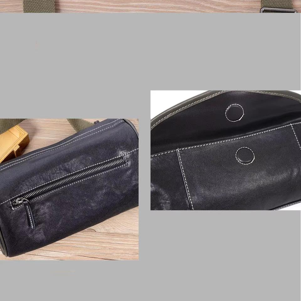 Borsello in pelle nera con cerniera, tasche interne, design elegante. Ideale per uomo, accessorio moda, pratico per viaggi e uso quotidiano.