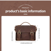 Borsa a tracolla in pelle marrone, dimensioni 26,5x19x9 cm, con manico superiore e chiusura a fibbia. Elegante e pratica per uso quotidiano.