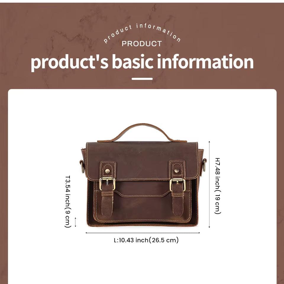 Borsa a tracolla in pelle marrone, dimensioni 26,5x19x9 cm, con manico superiore e chiusura a fibbia. Elegante e pratica per uso quotidiano.