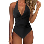 Costume intero nero da donna, design elegante con scollo a V e spalline incrociate. Perfetto per moda mare e piscina.