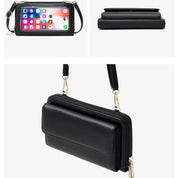 Borsa a tracolla nera in pelle con tasca trasparente per smartphone, design elegante e funzionale, ideale per moda e praticità quotidiana.