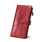 Portafoglio donna in pelle rossa, design elegante con chiusura a bottone e cerniera. Accessorio moda, alta qualità, ideale per regali.