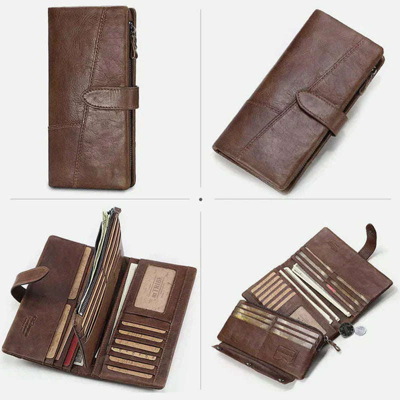Portafoglio in pelle marrone da uomo, design elegante con chiusura a bottone, scomparti multipli per carte e contanti, ideale per uso quotidiano.