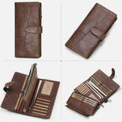 Portafoglio in pelle marrone da uomo, design elegante con chiusura a bottone, scomparti multipli per carte e contanti, ideale per uso quotidiano.