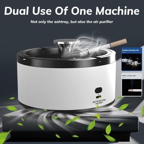 Posacenere multifunzione e purificatore d'aria, design moderno, fumo in aspirazione, foglie verdi, tecnologia avanzata, uso duale.