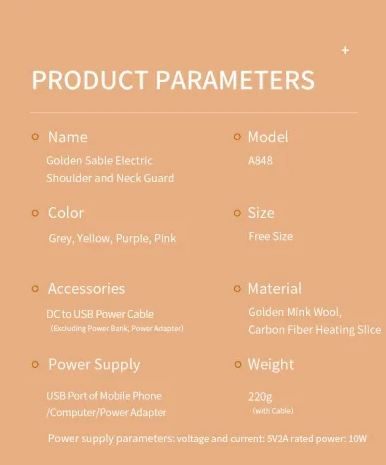 Parametri prodotto Golden Sable Electric Shoulder and Neck Guard: modello A848, colori vari, taglia unica, materiale lana visone, potenza 10W.