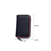 Portafoglio in pelle nera con cerniera, dimensioni 10,5x7x2,5 cm, design compatto, ideale per carte e monete. Accessorio elegante e funzionale.