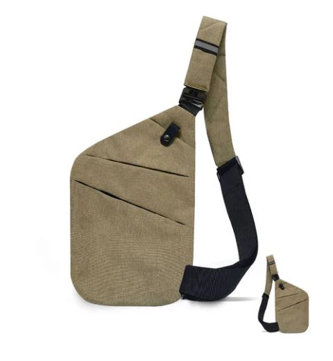 Tracolla a spalla in tessuto beige, design moderno e funzionale, con cinghia regolabile nera. Ideale per viaggi e uso quotidiano.