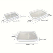 Set di tre contenitori in silicone trasparente con coperchio, dimensioni: 20x12x5 cm, 25x20x5 cm, 35x31x5 cm. Ideali per conservare alimenti.