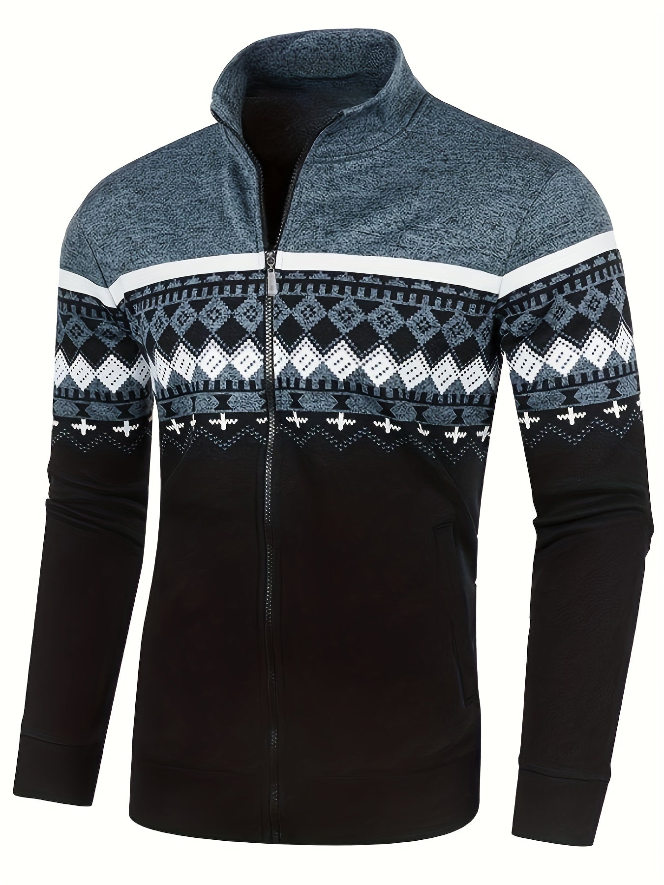 Giacca uomo invernale con zip, motivo geometrico bianco e nero, collo alto, maniche lunghe, ideale per moda casual e sportiva.