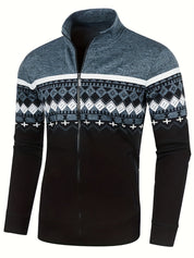 Giacca uomo invernale con zip, motivo geometrico nordico, colori nero e grigio, maniche lunghe, ideale per moda casual e sportiva.