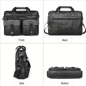 Borsa ventiquattrore in pelle nera, vista frontale, posteriore, laterale e inferiore. Design elegante, tasche multiple, tracolla regolabile.