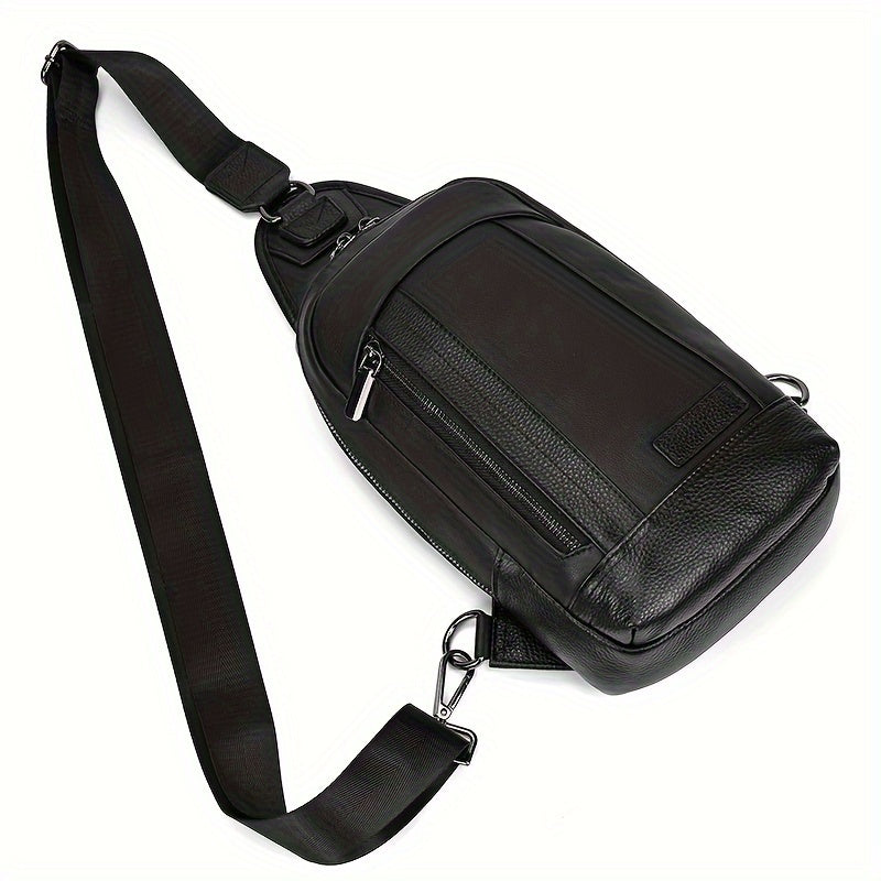 Zaino monospalla in pelle nera, design elegante e moderno, con cerniera e tracolla regolabile. Ideale per uomo, moda urbana, accessori di lusso.