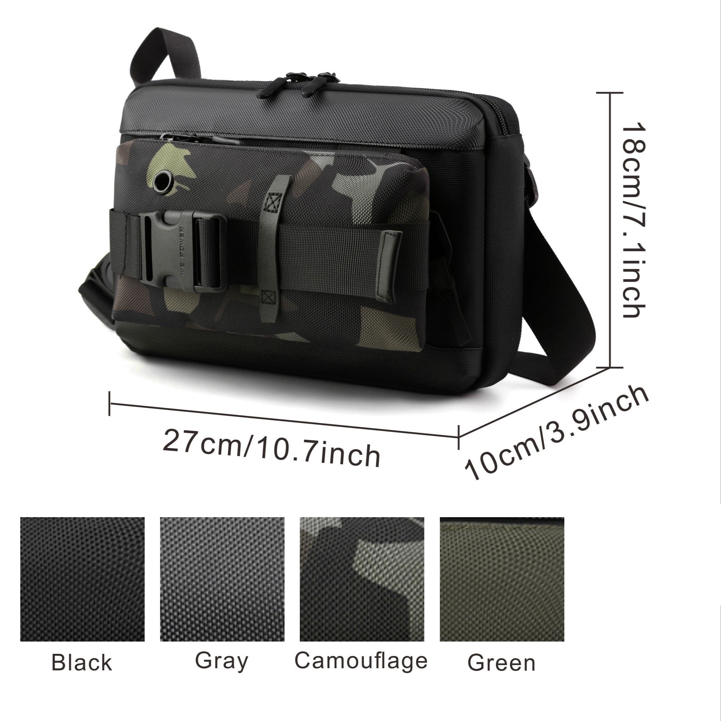 Borsa a tracolla nera con tasca frontale mimetica, dimensioni 27x18x10 cm, disponibile in nero, grigio, mimetico e verde. Accessorio moda uomo.