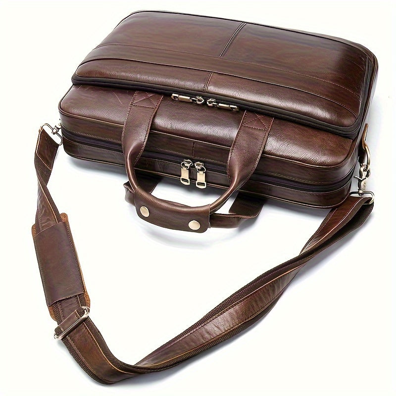 Elegante borsa ventiquattrore in pelle marrone con tracolla regolabile, doppia cerniera e manici rinforzati. Ideale per lavoro e viaggi d'affari.