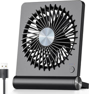 Ventilatore USB portatile nero, design compatto e moderno, con pulsante di accensione e cavo USB incluso. Ideale per ufficio e viaggi.