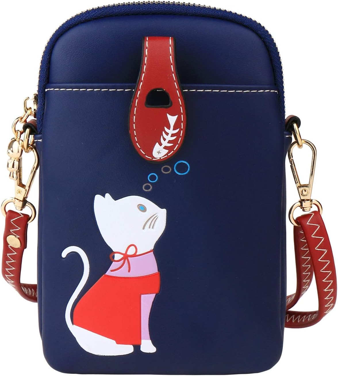 Borsa a tracolla blu con stampa gatto bianco, dettagli rossi, chiusura a zip e tracolla regolabile. Accessorio moda donna, stile casual.