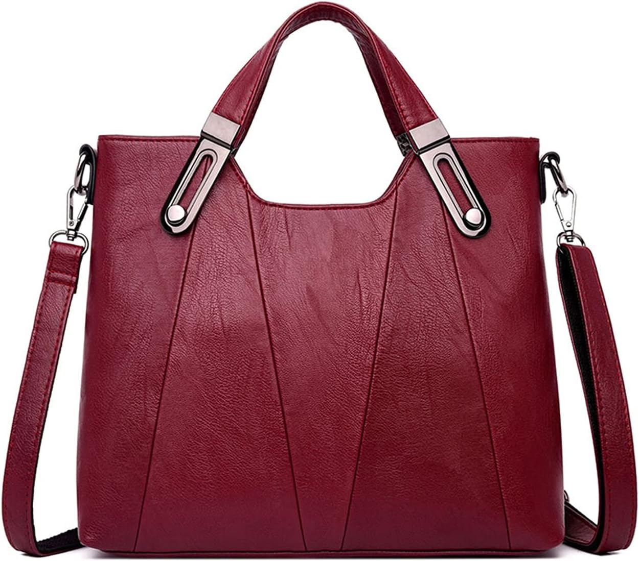 Borsa a mano in pelle rossa con tracolla regolabile, design elegante e moderno, accessori metallici, ideale per moda donna e shopping.