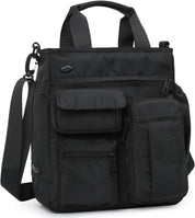 Borsa a tracolla nera multifunzione in nylon, con tasche frontali con zip e manici, ideale per lavoro e viaggio. Design elegante e pratico.