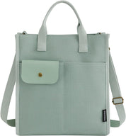Borsa a tracolla verde menta in tela con tasca frontale, manici e tracolla regolabile. Design elegante e pratico per uso quotidiano.