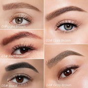 Cinque tonalità di sopracciglia: Light Brown, Dark Brown, Red Brown, Gray Brown, Black. Trucco occhi, bellezza, cosmetici per sopracciglia.