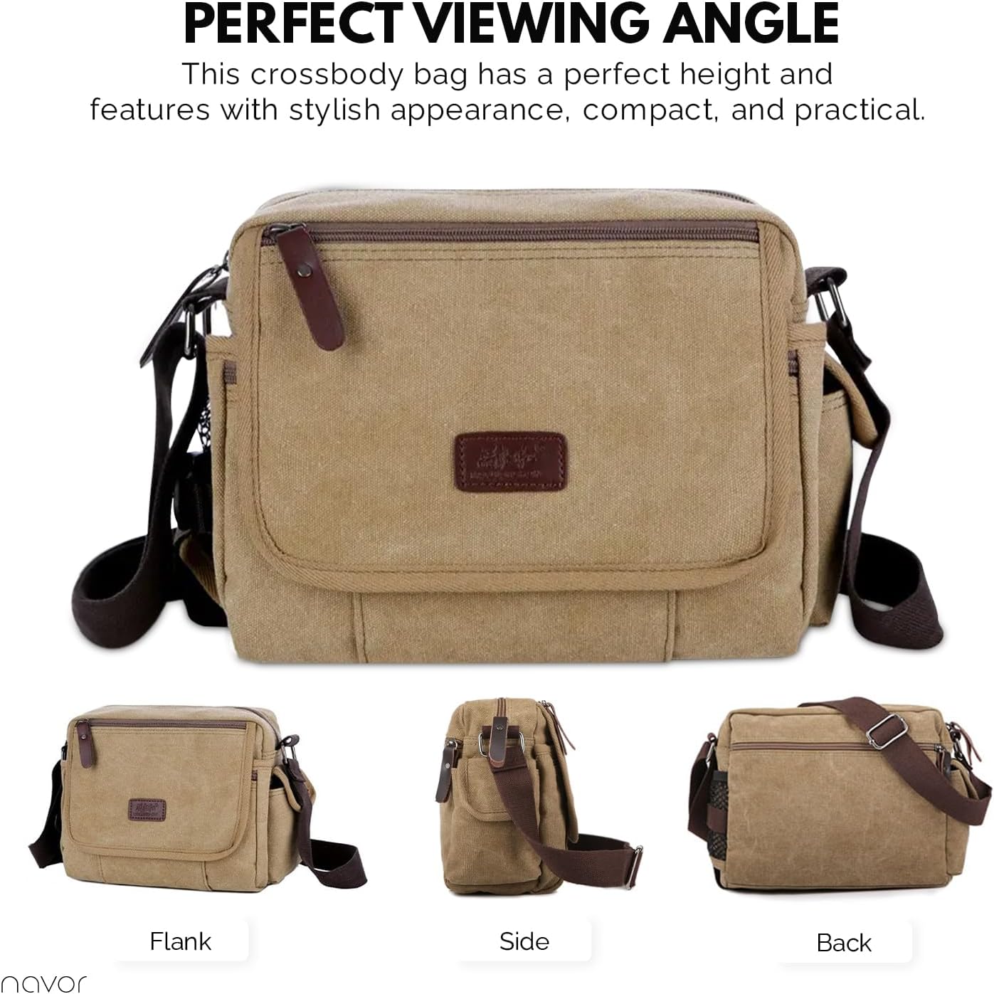Borsa a tracolla beige in tela con dettagli in pelle marrone, design compatto e pratico, vista frontale, laterale e posteriore. Elegante e funzionale.