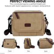 Borsa a tracolla beige in tela con dettagli in pelle marrone, design compatto e pratico, vista frontale, laterale e posteriore. Elegante e funzionale.