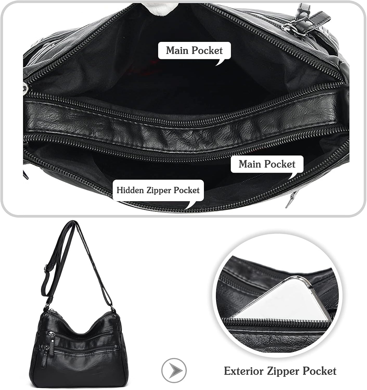 Borsa a tracolla in pelle nera con tasche multiple: tasca principale, tasca con cerniera nascosta, tasca esterna con cerniera. Design elegante e funzionale.