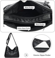 Borsa a tracolla in pelle nera con tasche multiple: tasca principale, tasca con cerniera nascosta, tasca esterna con cerniera. Design elegante e funzionale.