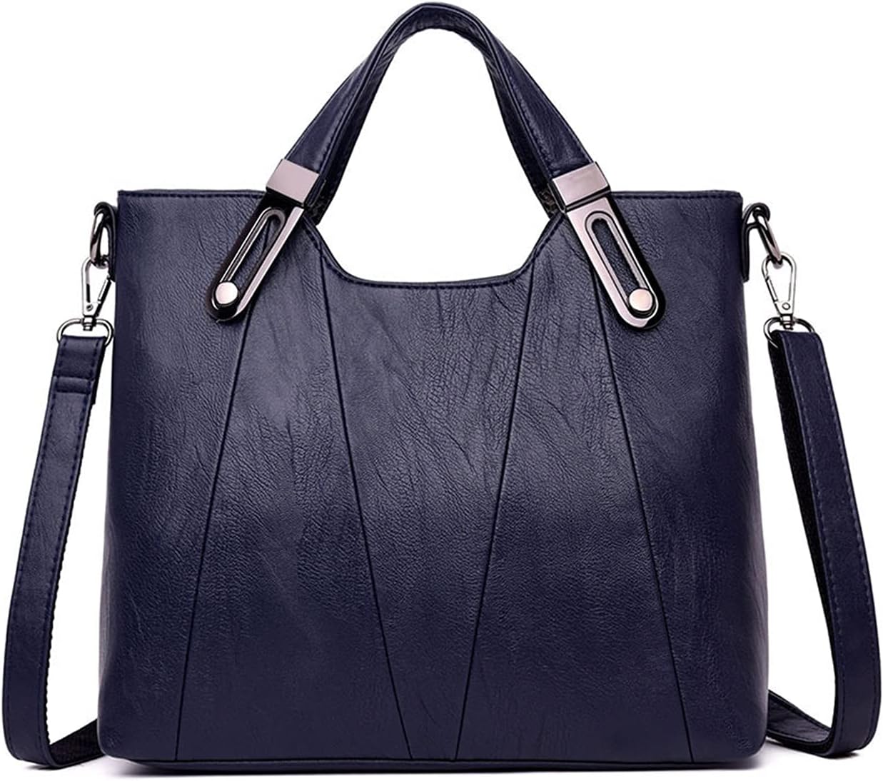 Borsa a mano donna in pelle sintetica blu scuro, design elegante con tracolla regolabile, accessori metallici, moda femminile, shopping.