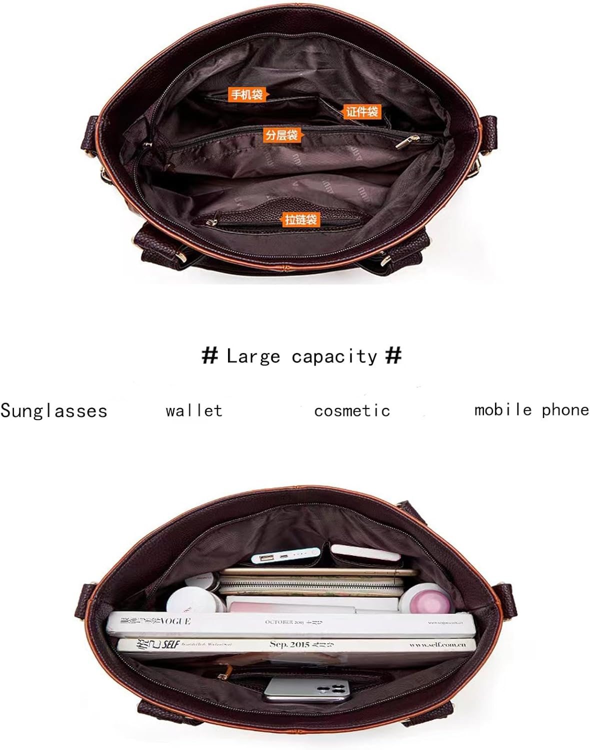 Borsa a tracolla grande capacità in pelle marrone, scomparti multipli, ideale per occhiali da sole, portafoglio, cosmetici e cellulare.
