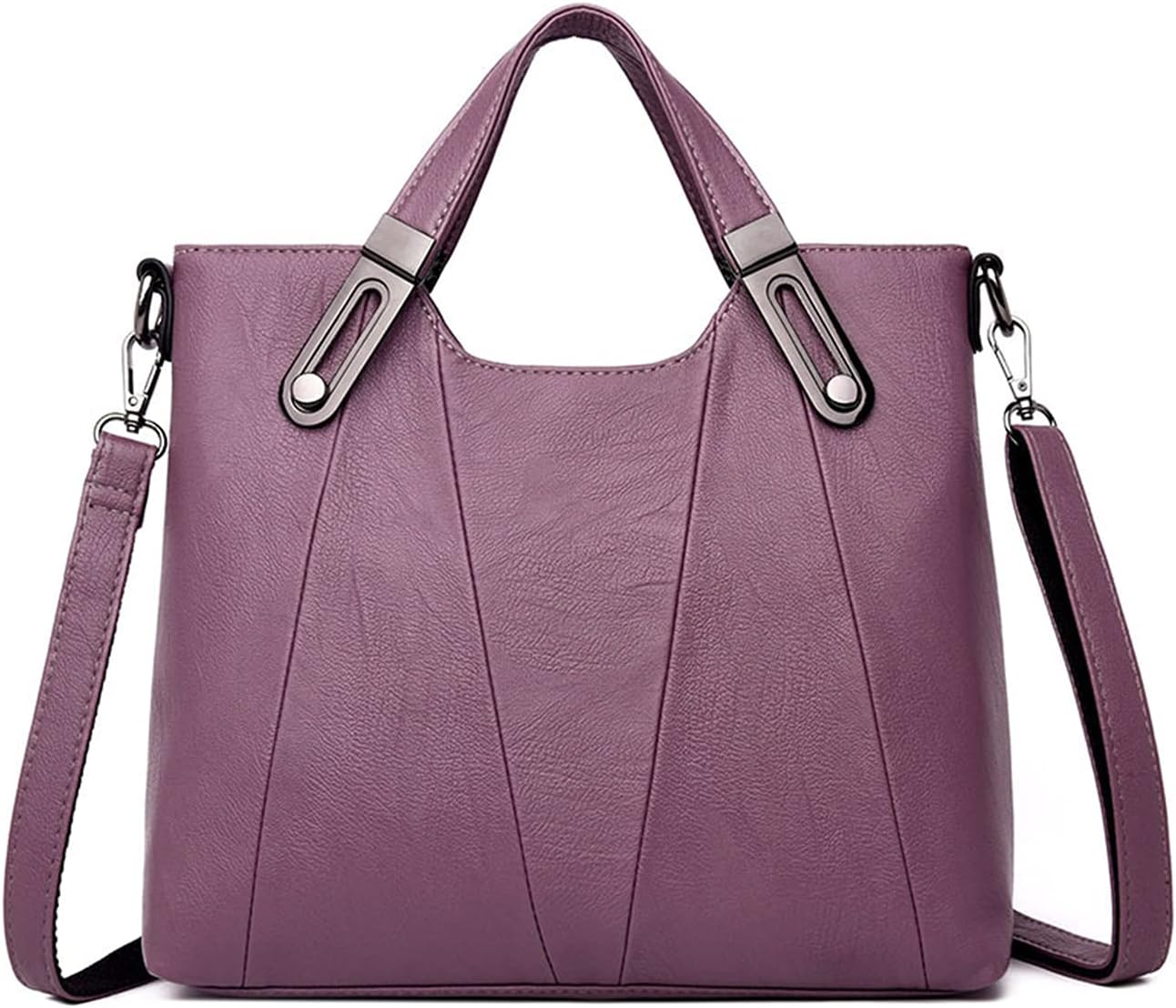Borsa a tracolla in pelle viola da donna con manici rinforzati e tracolla regolabile. Design elegante, ideale per moda e shopping.